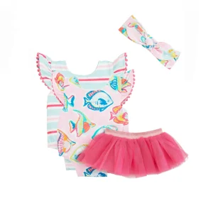 Pink Fish/Stripe Reversible Swimsuit & Tutu Set