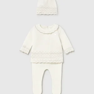 Conj. Polaina y gorro tricot crudo