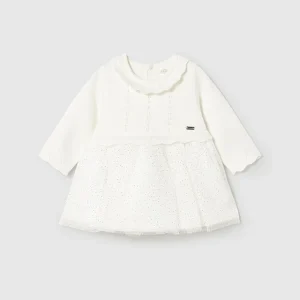 Vestido tricot y tul crudo