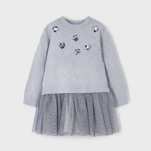 Vestido tricot combinado flores plata