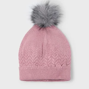 Gorro tricot c/pompom rosa