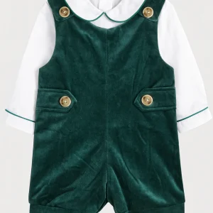 Pete Green velvet boy shortall w/ woven shirt