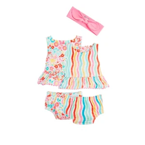 Rainbow Floral/Stripe Reversible Swimsuit & Headband Set