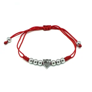 Pulsera acero bolas, escudo y macramé rojo