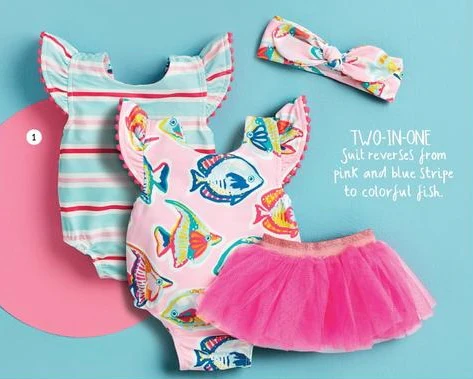 Pink Fish/Stripe Reversible Swimsuit & Tutu Set - Imagen 4