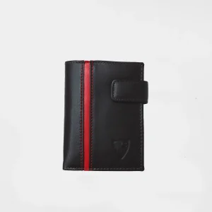 Cartera marrón con vivo rojo con cierre piel